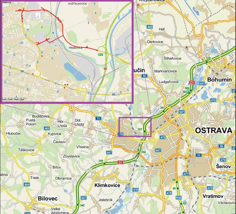 Mapa plánovaných dopravních napojení Poruby — Severní spoj a F-rampa