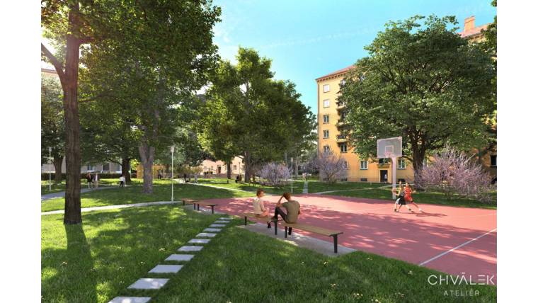 Vizualizace proměny vnitrobloku Hlavní třída – J. Plachty s hřištěm a novou zelení