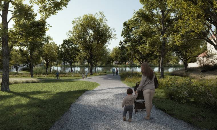Vizualizace revitalizovaného Zámeckého parku s rybníkem a novou cestou